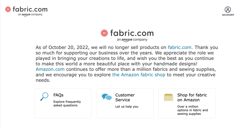 Fabric.com notice stating that "As of October 20, 2022, we will no longer sell products on fabric.com."